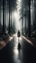 lonely woman walking in the forest