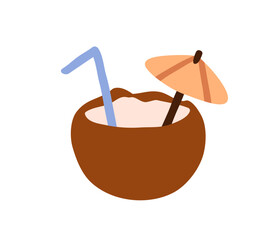 Coconut drink with straw and umbrella. Tropical summer cocktail, refreshing beverage. Exotic beach Hawaii water. Healthy sweet coco milk. Flat vector illustration isolated on white background