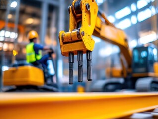 Fototapeta premium Close-up of a construction machinery arm gripping a metal beam in an industrial setting, with a worker operating equipment in the background.