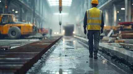 Construction worker in safety gear walks through industrial site, showcasing work progress in a busy environment.