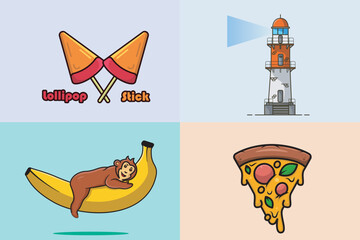 Collection of Lollipop with Monkey on Banana, pizza and lighthouse vector design illustration.