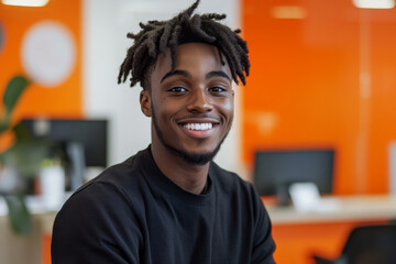 Smiling young adult black male in office, casual attire, modern workspace, orange background, professional environment, happy employee, confident expression, contemporary office setting