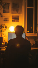 Silhouette of man working on computer, nighttime, warm light, home office, focused, desk lamp, window, cozy atmosphere, professional environment, interior