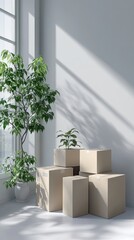 A collection of stacked brown moving boxes occupies a bright room, complemented by a wall clock and decorative plants by the window