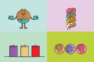 Set of Donuts and Cartoon face with Icing vector illustration. Food objects icon concept. Set of colorful glossy donuts with glaze and powder vector design with shadow. Colorful donuts logo design.