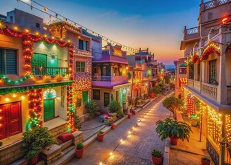 Fototapeta premium Colorful vibrant street scene at dusk featuring rows of Diwali-decorated homes and empty streets illuminated with twinkling lights and festive decorations.