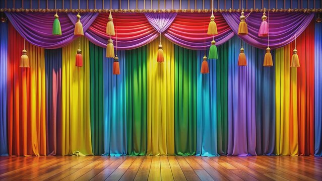 Vibrant rainbow curtains adorned with glittering tassels frame a stage set against a backdrop of colorful pride posters and flags in exquisite photorealistic detail.
