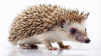 Small, cute African hedgehog with naturally modified feathers turned into hard, pointed thorns, walks and searches on a clean white background, full body visible.