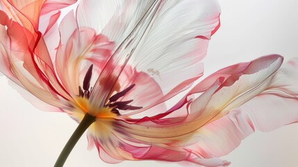 Close up of tulip with transparent petals and visible vein pattern for cards and greetings