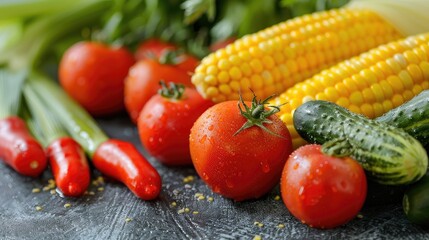 Close up of yellow corn red tomatoes and green cucumbers on a gray surface