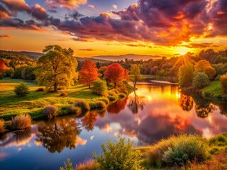 Naklejka premium Warm sunlight casts a golden glow on the serene natural landscape, with vibrant orange and pink hues illuminating the calm atmosphere at dusk.