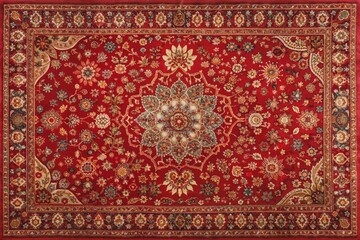 Vibrant red ornate rug with intricate vintage Arabian-inspired patterns and motifs, providing a unique textured background with ample copy space for text or design.