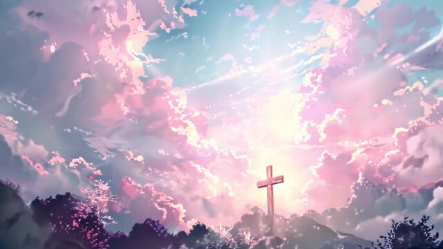 A vibrant sunset paints the sky with pastel colors, illuminating a cross amidst a tranquil village landscape.