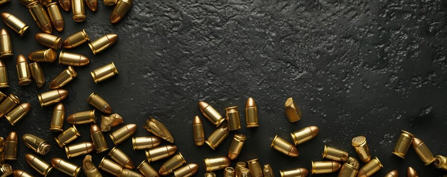 Many brass gun bullets on a black table closeup. Free copy space for text.