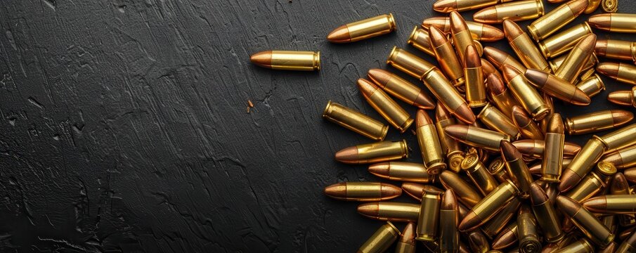 Many brass gun bullets on a black table closeup. Free copy space for text.