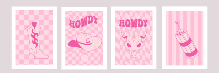 Postcard or poster in pink colors with a cowboy hat, cowgirl howdy party. Vector graphics.