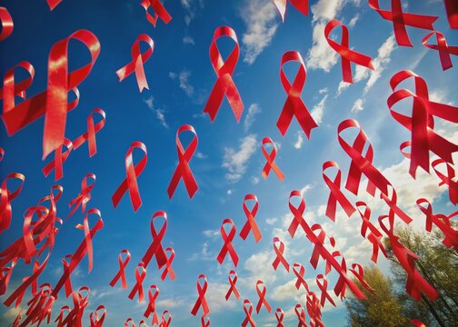 Vibrant red ribbons held by invisible hands against a brilliant blue sky, symbolizing solidarity and remembrance for HIV/AIDS awareness on World AIDS Day.