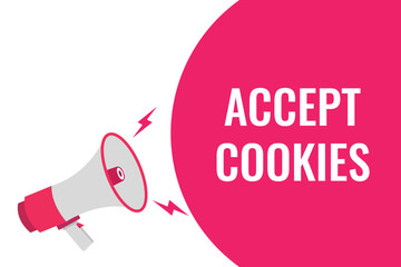 Accept Cookies button, banner, label, template for website. Accept Cookies text with colorful megaphone icon