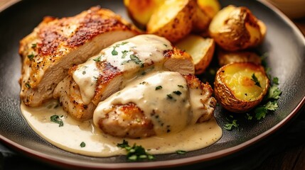 Delicious chicken Cordon Bleu with a creamy sauce and a side of roasted potatoes