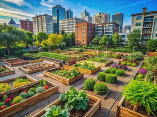 Fototapeta premium Vibrant urban community garden with diverse raised beds of lush greenery, showcasing local agriculture's potential in city spaces, sustainability, and community spirit.