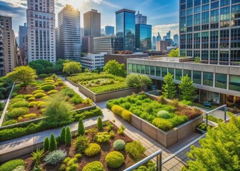 Fototapeta premium Vibrant green urban rooftop garden with various plants and trees thriving amidst sleek modern cityscape, blending ecology and architecture in perfect harmony.