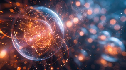 Subatomic particles interacting, quantum physics, front view, particle dynamics, digital tone, Analogous Color Scheme, uhd, copy space for text,