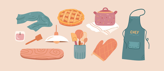 Cozy cooking set of isolated stickers. Vector illustrations of apron, pan, pie, decor and utensils in cute flat style