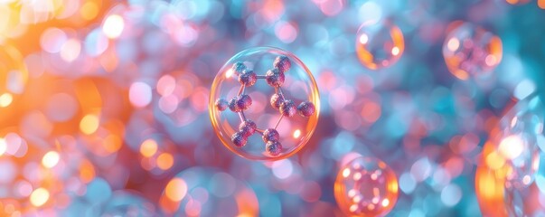 Subatomic particles, nucleus with neutrons, top view, atomic mass, robotic tone, colored pastel, uhd, copy space for text,