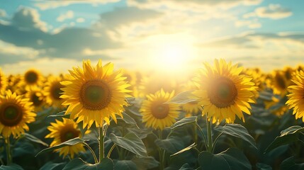 Fototapeta premium Golden Sunset Over Blooming Sunflower Field