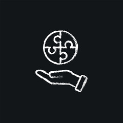 Hand and Puzzle. Teamwork chalk icon. Vector isolated black illustration.