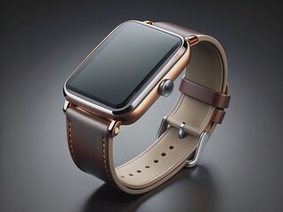 Sleek, modern smartwatch with interchangeable straps and faces, lying on a minimalist gray background, showcasing futuristic technology merged with high-end fashion accessories.