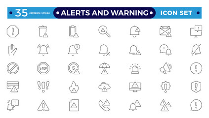 Warning and risk. Set of line icons in linear style. Warning exclamation mark, attention, danger, notice, stop. Alerts and Warning editable stroke outline icon. 
