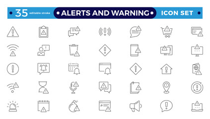 Warning and risk. Set of line icons in linear style. Warning exclamation mark, attention, danger, notice, stop. Alerts and Warning editable stroke outline icon. 

