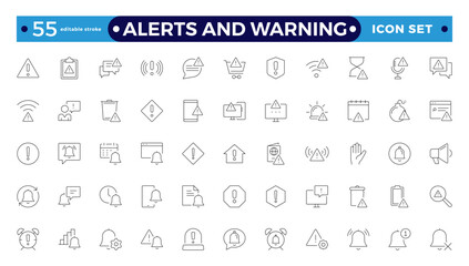 Warning and risk. Set of line icons in linear style. Warning exclamation mark, attention, danger, notice, stop. Alerts and Warning editable stroke outline icon. 
