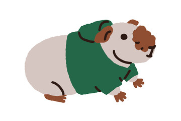 Cute guinea pig. Funny kawaii rodent pet in animal clothes, hoody. Sweet lovely little cavy. Kawaii comic adorable hamster in attire, apparel. Flat vector illustration isolated on white background