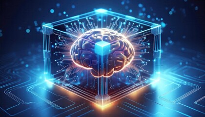 Obraz premium AI background, Brain images, An artificial brain is locked inside a hologram cube, technology background