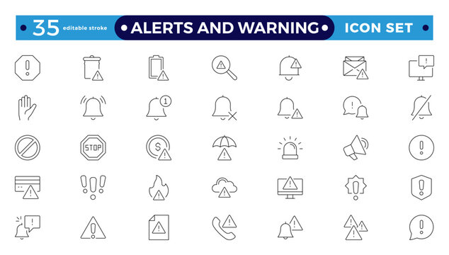Warning and risk. Set of line icons in linear style. Warning exclamation mark, attention, danger, notice, stop. Alerts and Warning editable stroke outline icon. 
