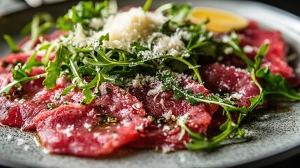 Elegant serving of beef carpaccio with arugula and parmesan shavings.