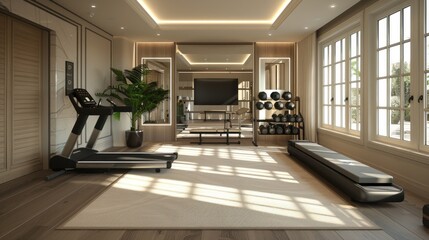 Fototapeta premium Minimalist home gym with sleek treadmill, wall-mounted weights, large mirror.