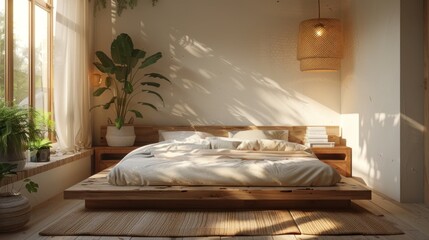 Minimalist bedroom with wooden platform bed, linen bedding, wall-mounted lamp.