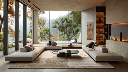 Minimalist living room with low-profile sectional sofa, coffee table, large area rug.