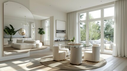 Minimalist dining room with round glass table, white chairs, large mirror.