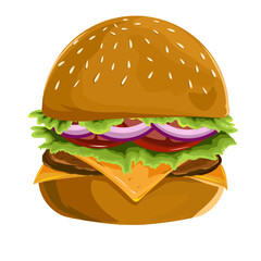 Classic cheeseburger with a perfectly grilled patty, melted cheese and vegetable 