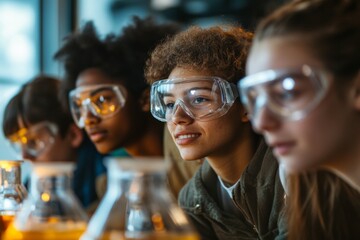 diverse group of high school students in a science lab, wearing safety goggles and engaging in an experiment. Education and back to school concept. Laboratory class.