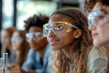diverse group of high school students in a science lab, wearing safety goggles and engaging in an experiment. Education and back to school concept. Laboratory class.