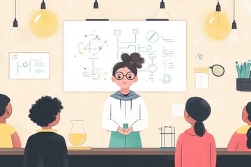 Creative Teacher Leading Students in Engineering Challenge | Flat Illustration Minimalist Style