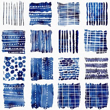 Modern blue white irregular beach patched shape mix for summer doodle beachwear design. Coastal mariner background for seaside living style in repeatable tile.