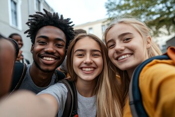 Fototapeta premium diverse group of friends of different ethnicities taking a selfie on the first day of school, with backpacks and big smiles, minimal style with copy space. Back to school, education. Exchange program.