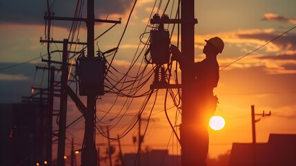 Electrician Working on Electrical Poles at Sunset.