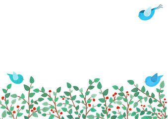 青い鳥と赤い木の実の可愛いイラスト